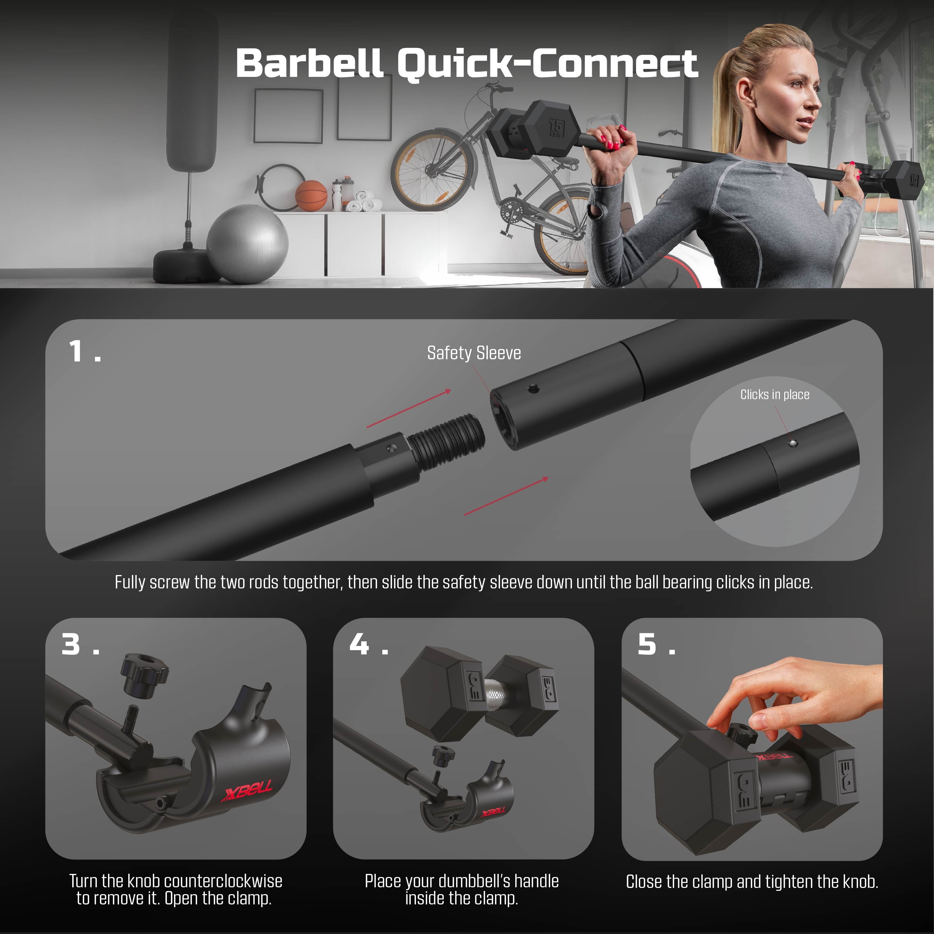 Sistema De Mancuernas X-Bell Convertidor De Mancuernas a Barra De Pesas, Barra De Mancuernas a Rizo, Mango De Macebell Y Kettlebell