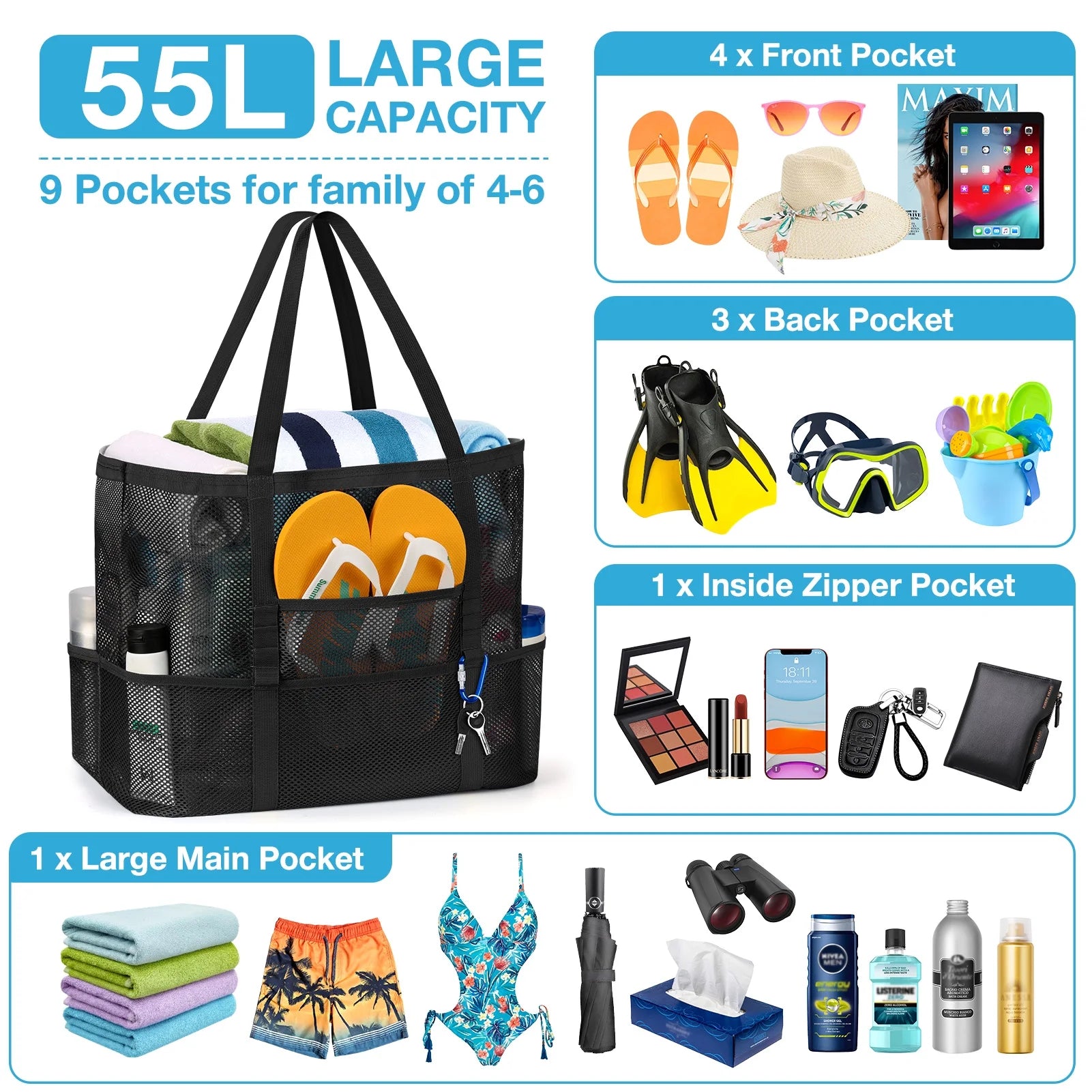 Bolsa De Playa De Bolsa Con Asas De Cuerda, Bolso Tote De Bolsa Para Mujer Incluye Bolso Tote De Playa De Mimbre Extragrande Con 9 Bolsillos Pequeños (Negro)