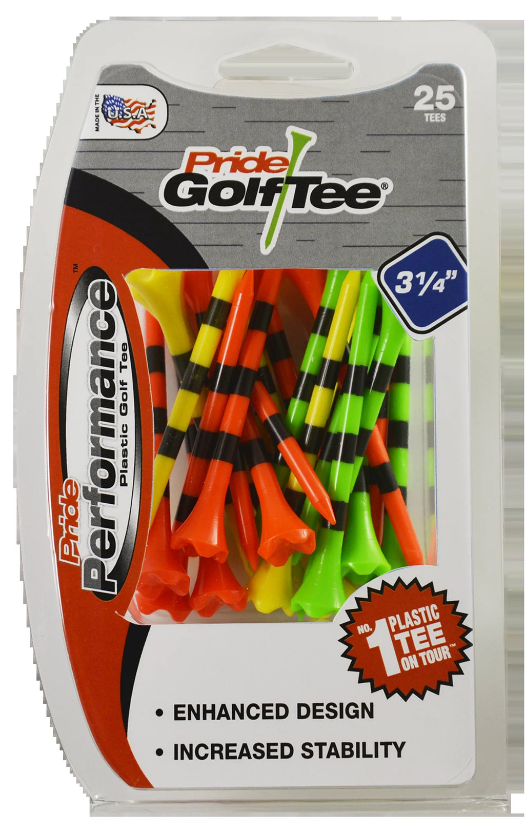 Pride Performance Camisetas De Golf De Plástico, 3-1/4" De Largo, Mezcla De Frutas a Rayas, Paquete De 25, Cabeza De Baja Resistencia Para Golf, Impulsos Más Largos, Plástico Duradero
