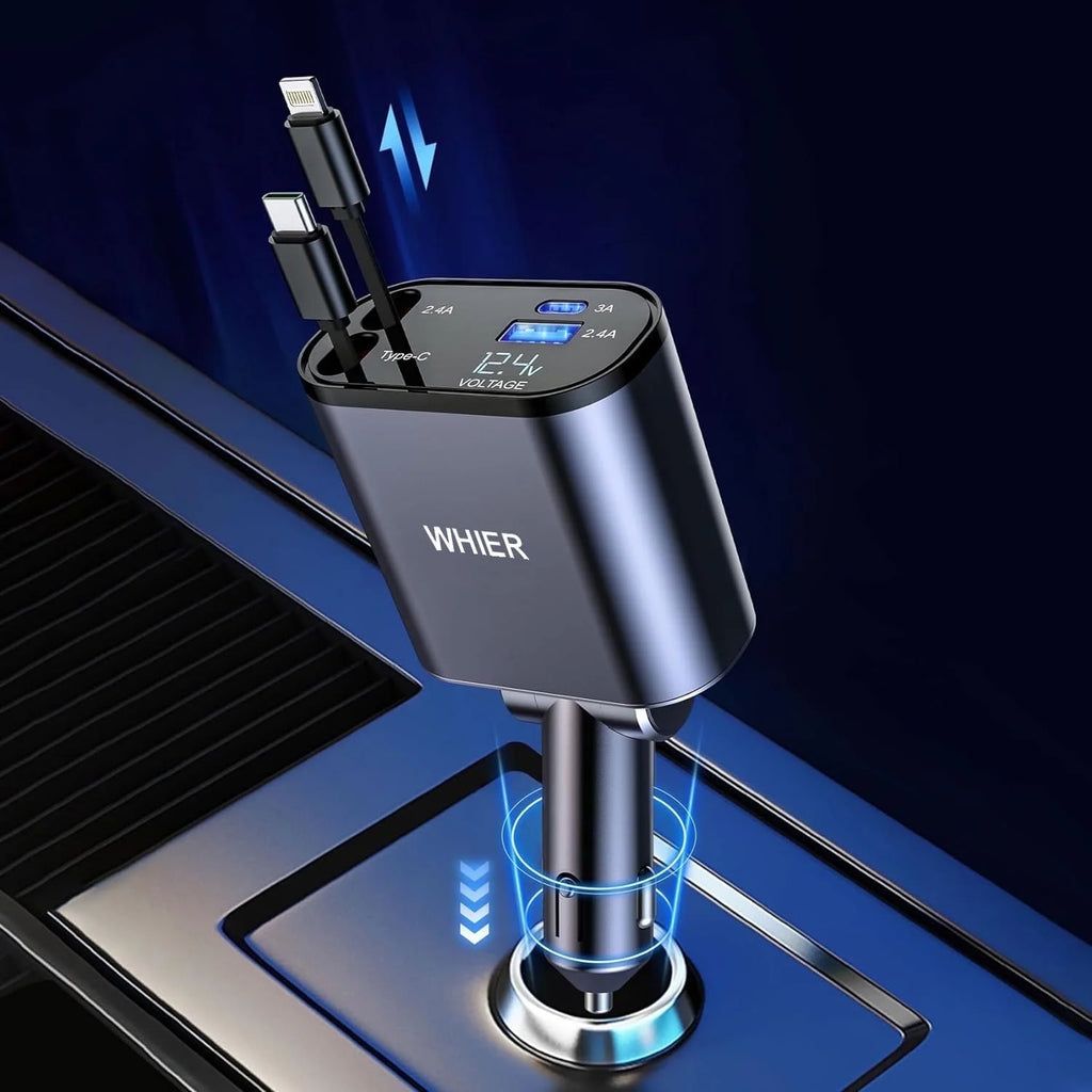 , Carga Súper Rápida 4 En 1 Con Cables Retráctiles (31,5 Pulgadas) Y 2 Puertos USB, Negro