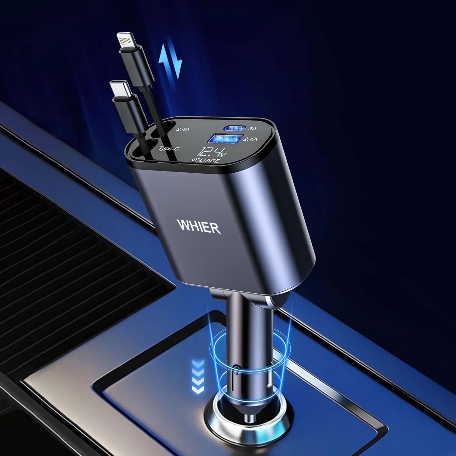 , Carga Súper Rápida 4 En 1 Con Cables Retráctiles (31,5 Pulgadas) Y 2 Puertos USB, Negro