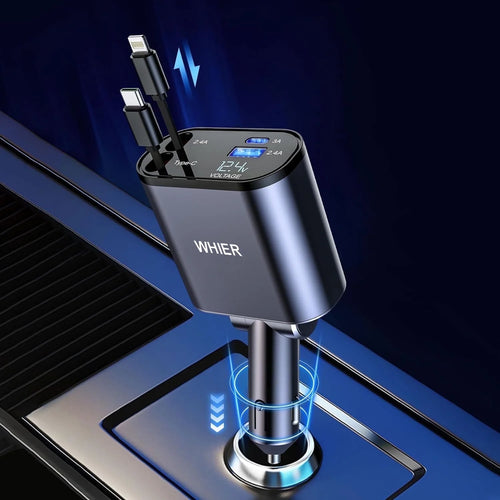 , Carga Súper Rápida 4 En 1 Con Cables Retráctiles (31,5 Pulgadas) Y 2 Puertos USB, Negro