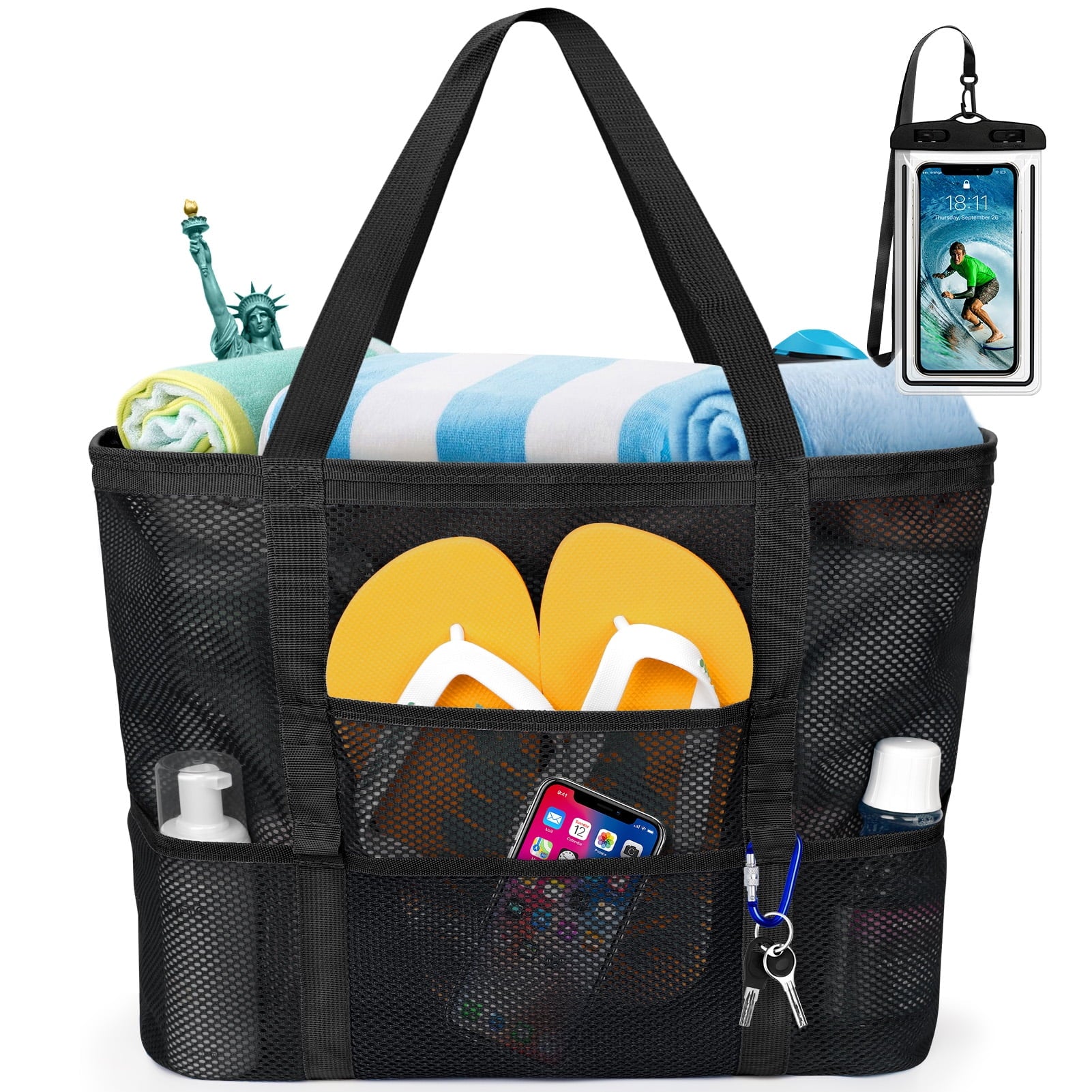 Bolsa De Playa De Bolsa Con Asas De Cuerda, Bolso Tote De Bolsa Para Mujer Incluye Bolso Tote De Playa De Mimbre Extragrande Con 9 Bolsillos Pequeños (Negro)
