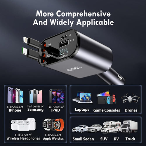 , Carga Súper Rápida 4 En 1 Con Cables Retráctiles (31,5 Pulgadas) Y 2 Puertos USB, Negro