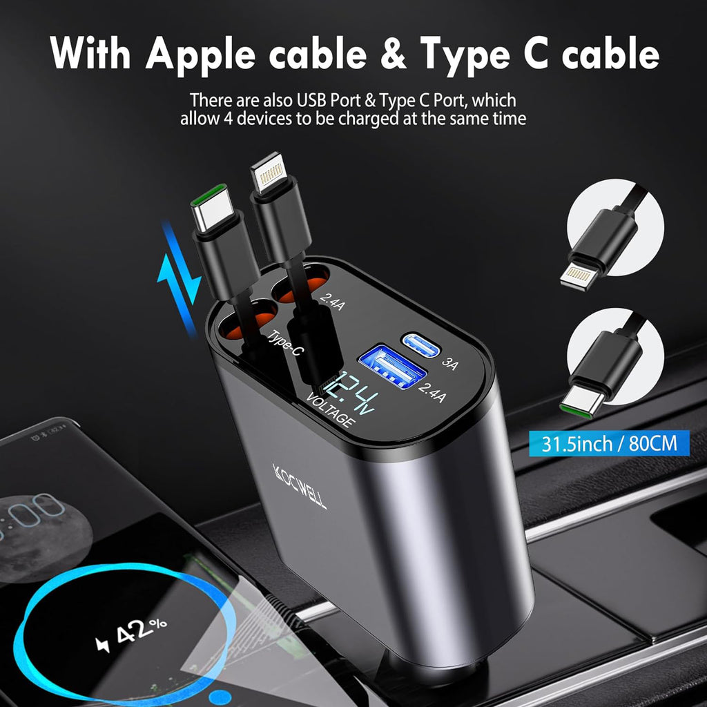 , Carga Súper Rápida 4 En 1 Con Cables Retráctiles (31,5 Pulgadas) Y 2 Puertos USB, Negro