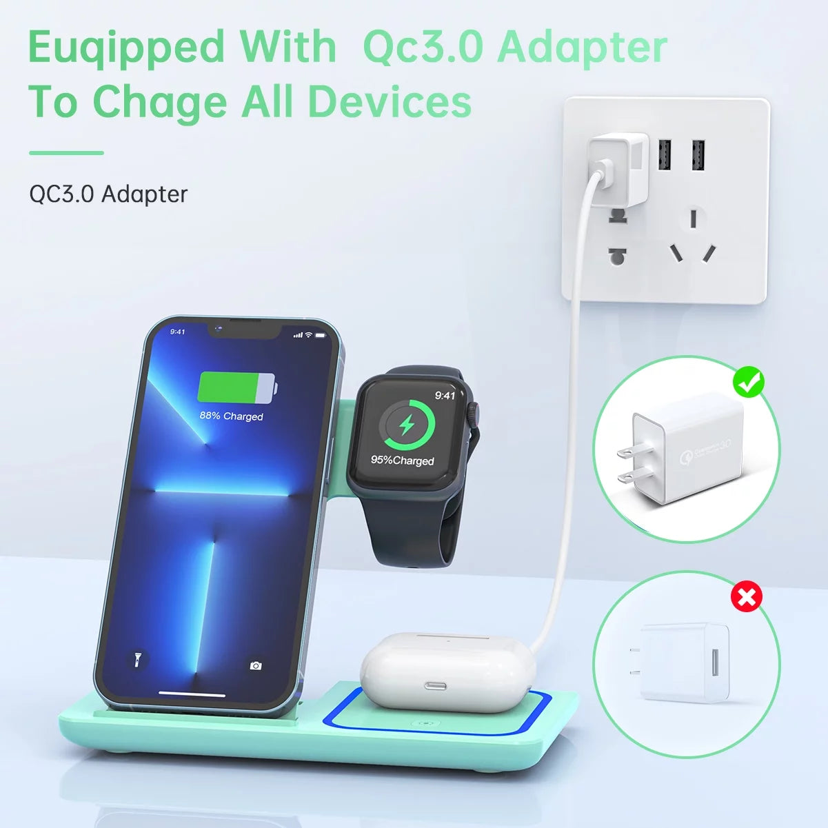 Estación De Carga Inalámbrica, Soporte De Cargador Inalámbrico 3 En 1 Mejorado 2025 De 18W Para Iphone 16/15/14/13/12/11 Pro/Xs, Airpods 4/3/2/1/Pro, Iwatch Series 10/9/8/7/6/5/4/3, Teléfonos Samsung (Verde)