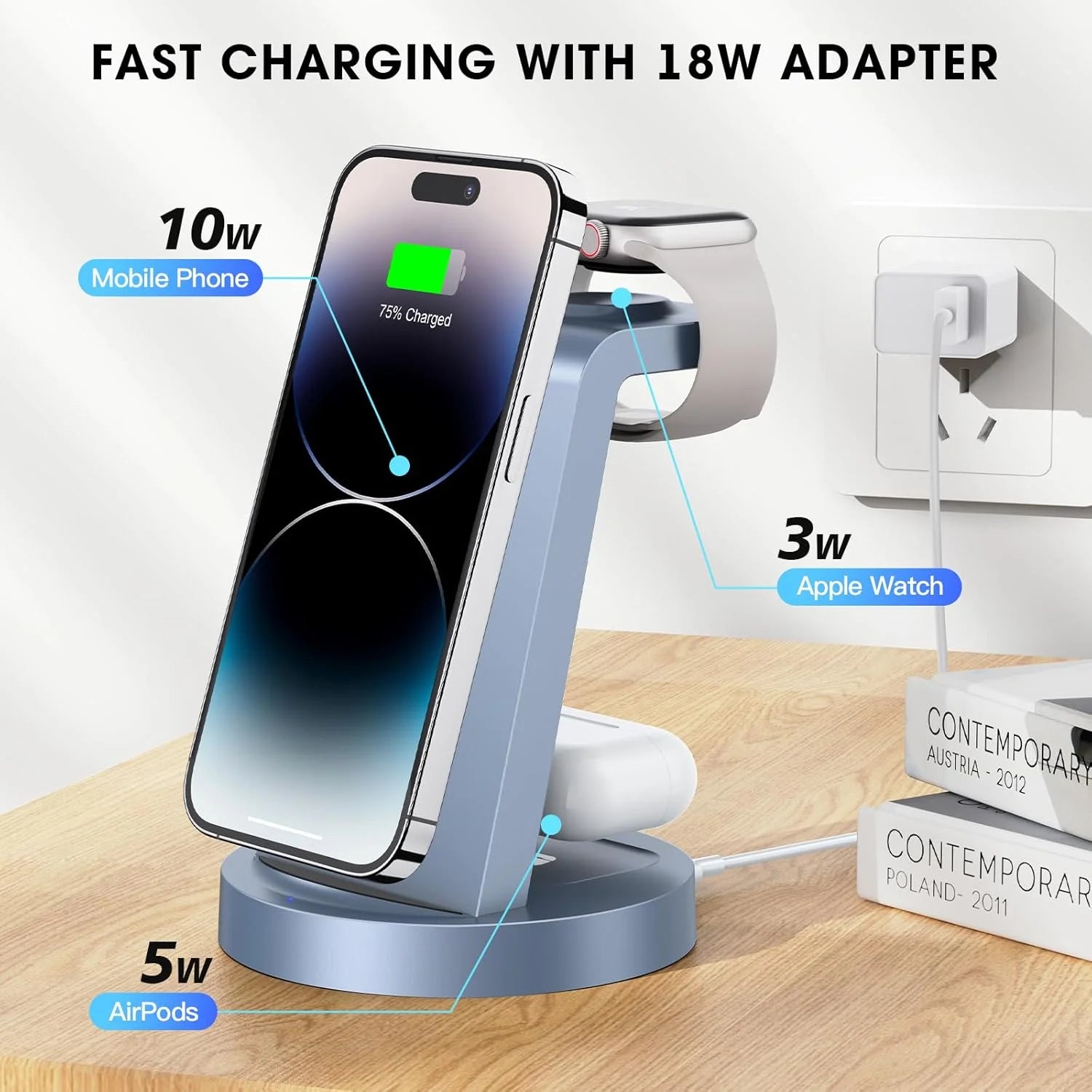 Cargador Inalámbrico - Estación De Carga 3 En 1 Compatible Para Iphone Y Iwatch - Base De Carga Para Airpods (Azul)