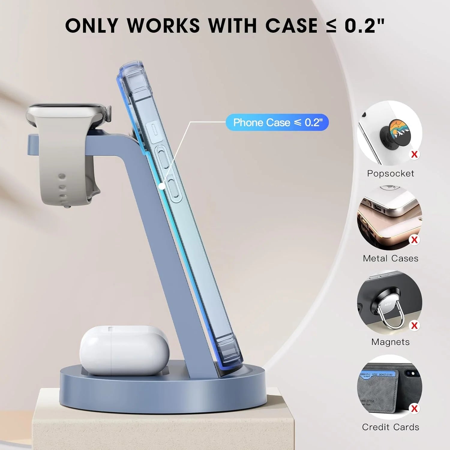 Cargador Inalámbrico - Estación De Carga 3 En 1 Compatible Para Iphone Y Iwatch - Base De Carga Para Airpods (Azul)
