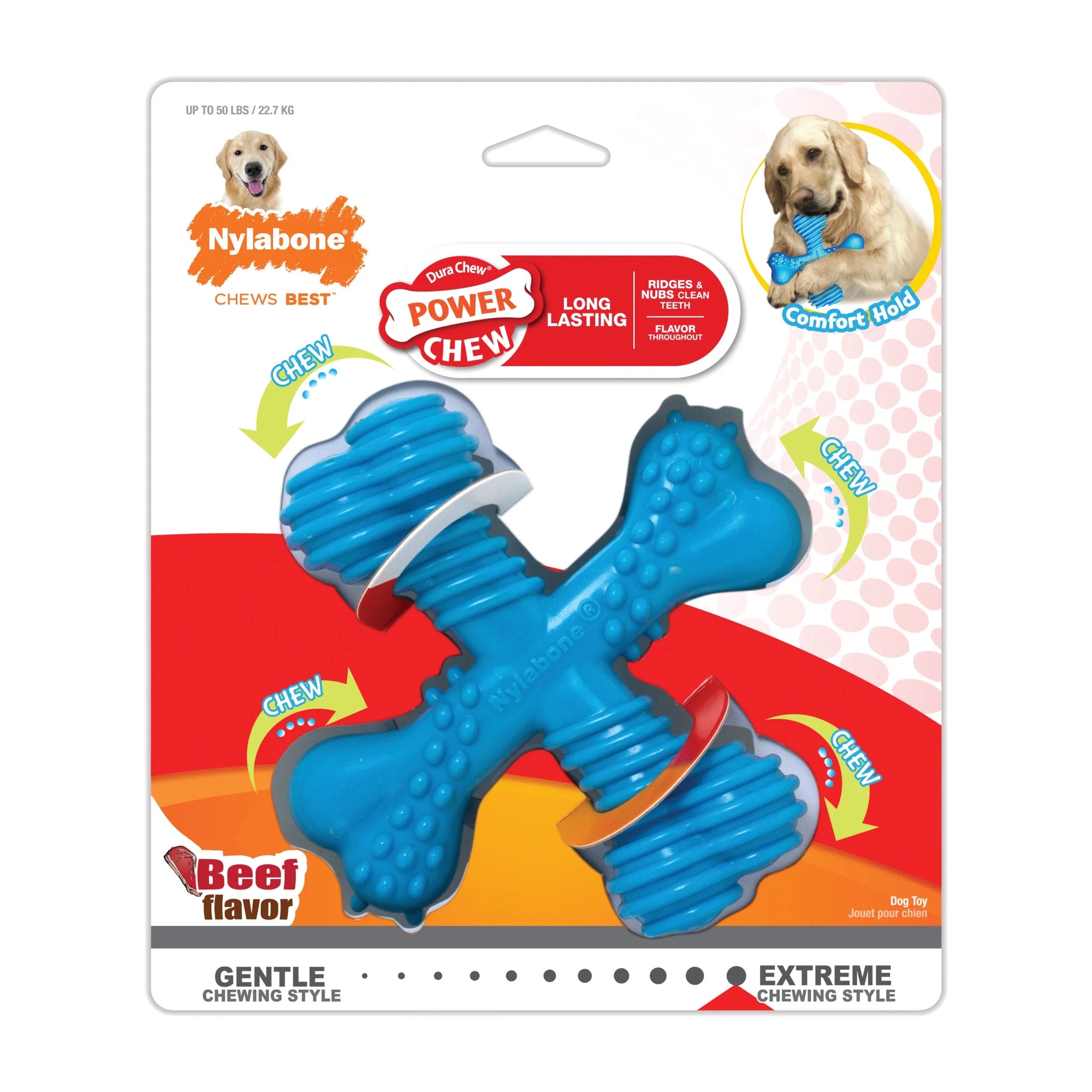 Juguete Para Perro Power Chew Comfort Hold X Bone, Juguete Para Masticar, Sabor a Res, Grande, 1 Unidad