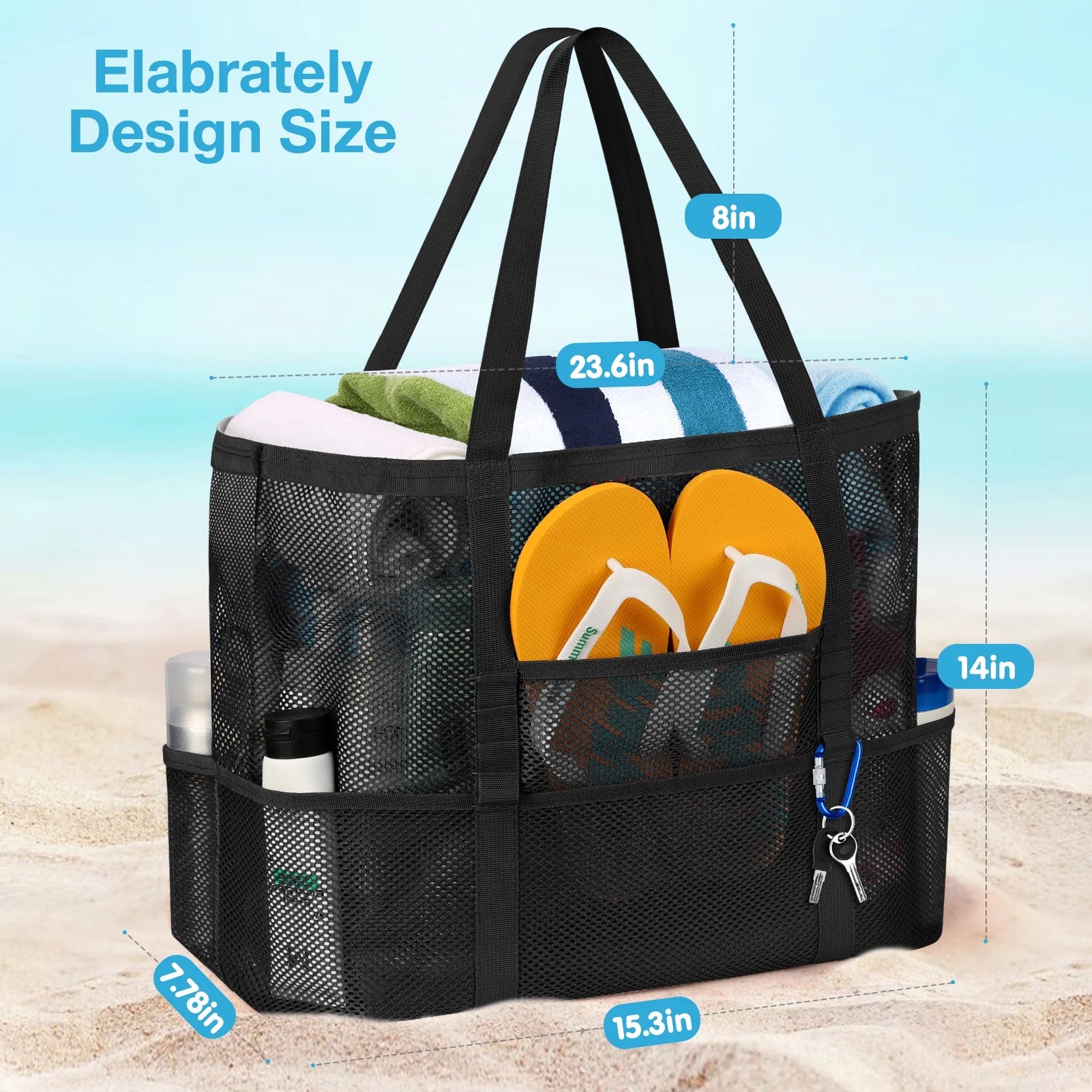 Bolsa De Playa De Bolsa Con Asas De Cuerda, Bolso Tote De Bolsa Para Mujer Incluye Bolso Tote De Playa De Mimbre Extragrande Con 9 Bolsillos Pequeños (Negro)