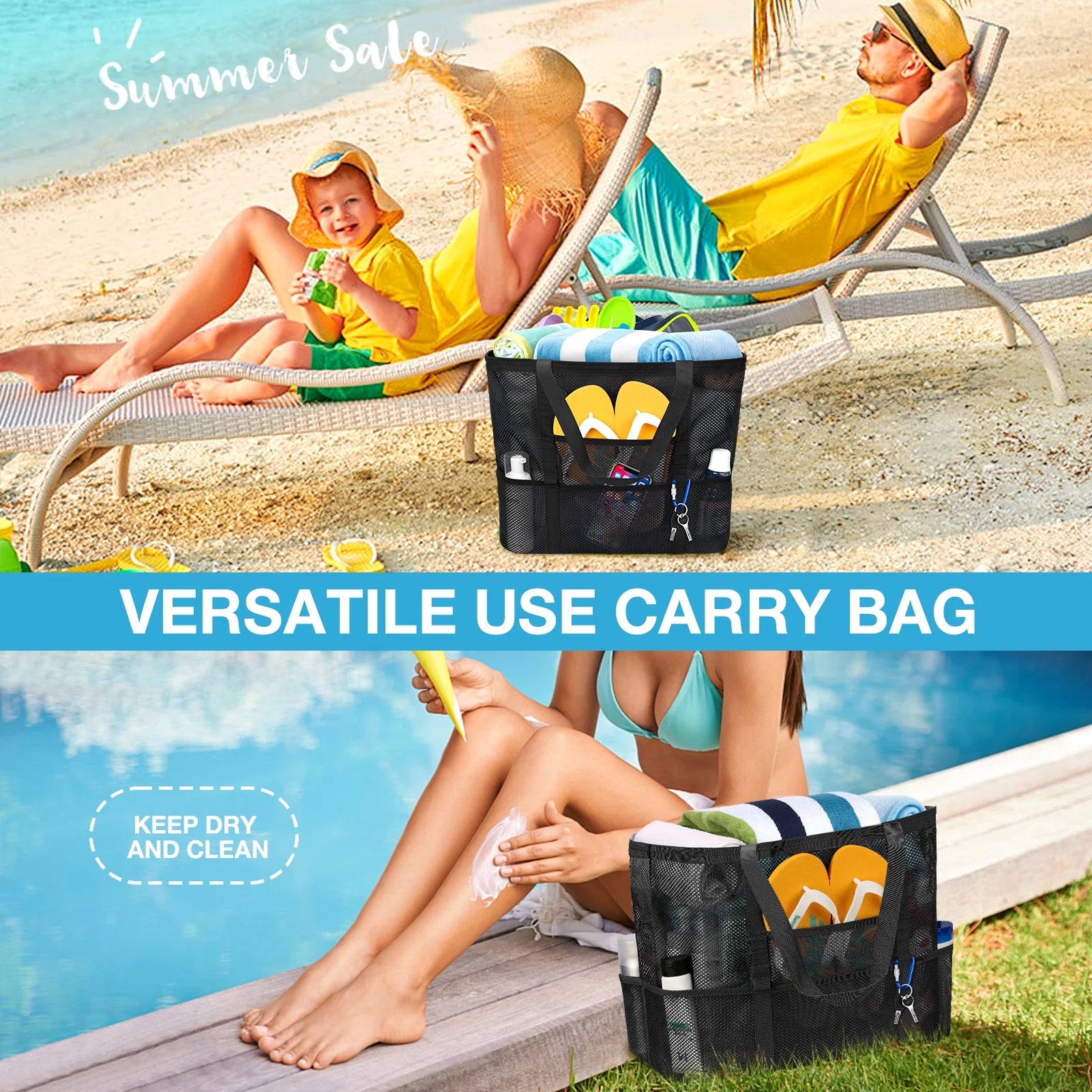 Bolsa De Playa De Bolsa Con Asas De Cuerda, Bolso Tote De Bolsa Para Mujer Incluye Bolso Tote De Playa De Mimbre Extragrande Con 9 Bolsillos Pequeños (Negro)